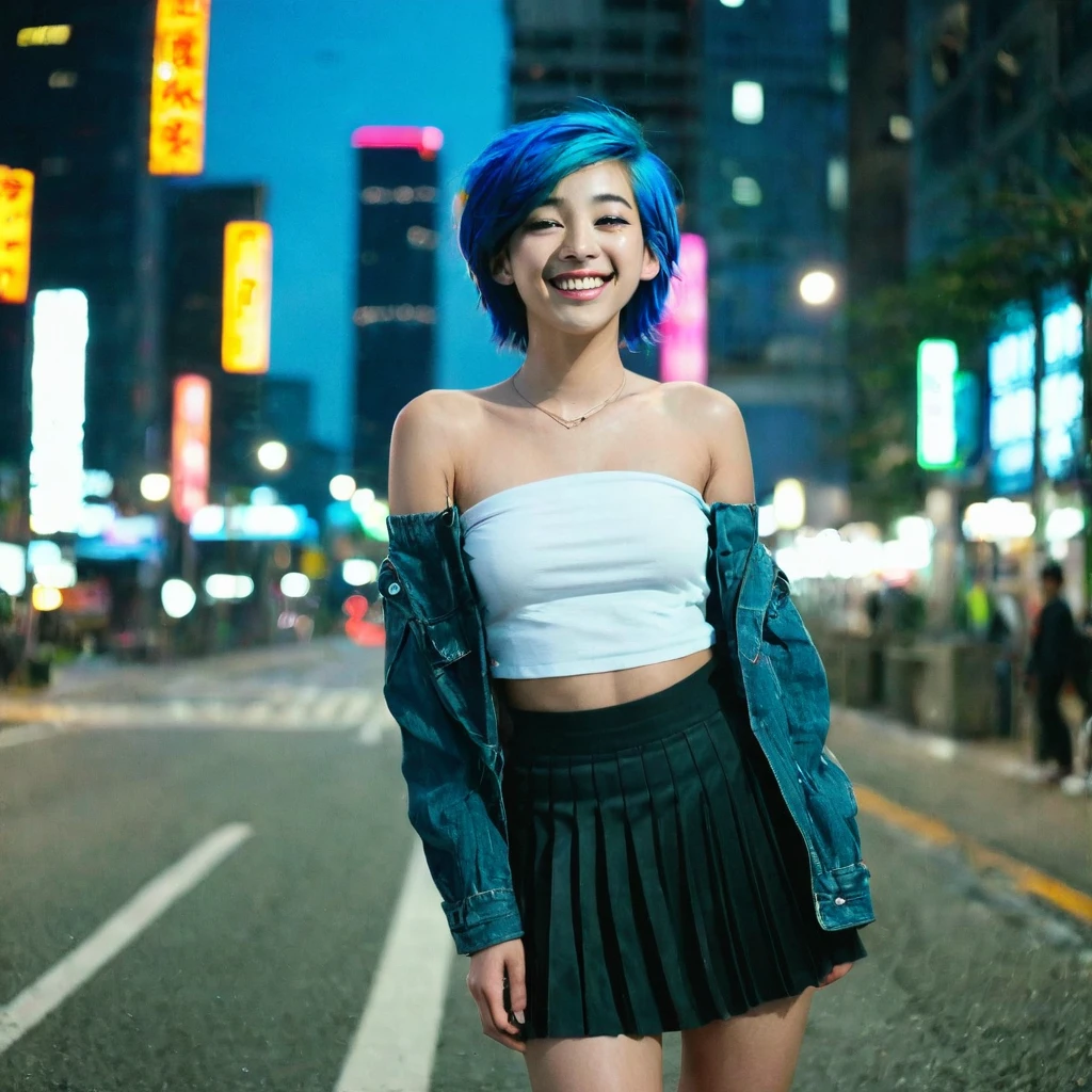 1 topless girl, black_skirt, blue_hair, building, city, cityscape, hair_between_eyes, jacket, looking_at_viewer, medium_hair, multicolored_hair, multiple_boys, night, off_shoulder, outdoors, pleated_skirt, road, shirt, skirt, skyscraper, smile, solo_focus, street, white_shirt