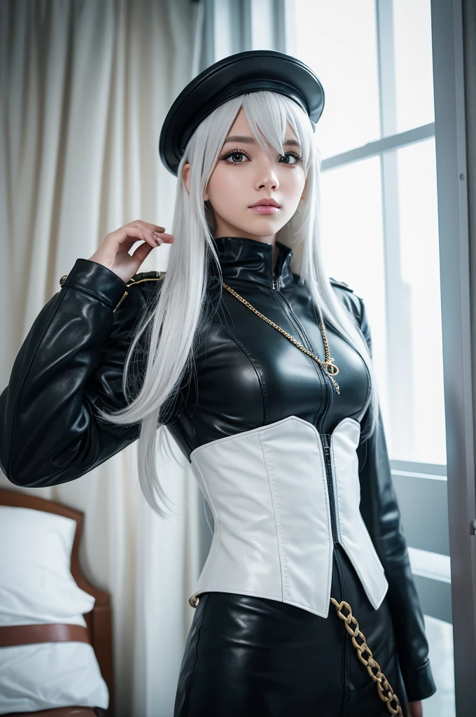 Kneeling, Arms behind back, ((bound arms, restrained, ((((rope)))), tied up)), (((((((Black leather))))))), ((crop top, long sleeves, pencil skirt, ((goth)), knee boots)), white thigh socks, Slightly happy, Short hair, (((white hair))), ((white hair with ((blue tips)))), blue dye, ((((((green eyes)))))), ((small breasts)), best quality, high-res, masterpiece, 8k, (((mature, woman))), solo, 1 girl, ((black makeup, eyeshadow))