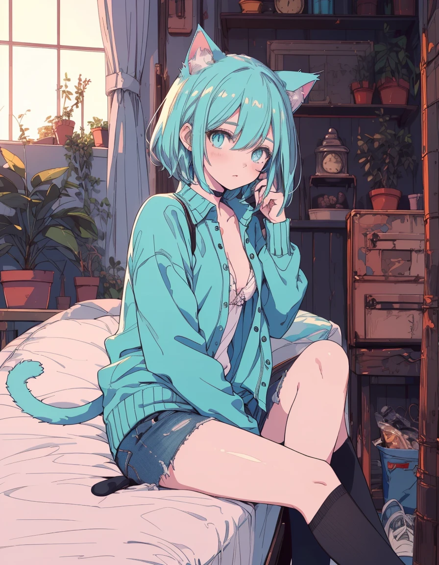 shirts, denim punts, fullbody, ((masterpiece, best quality:1.5)), ((Beautiful detailed cat aqua eyes:1.2)), cat ears, pale skin, small breasts, beautiful hands, beautiful fingers, EasyNegative