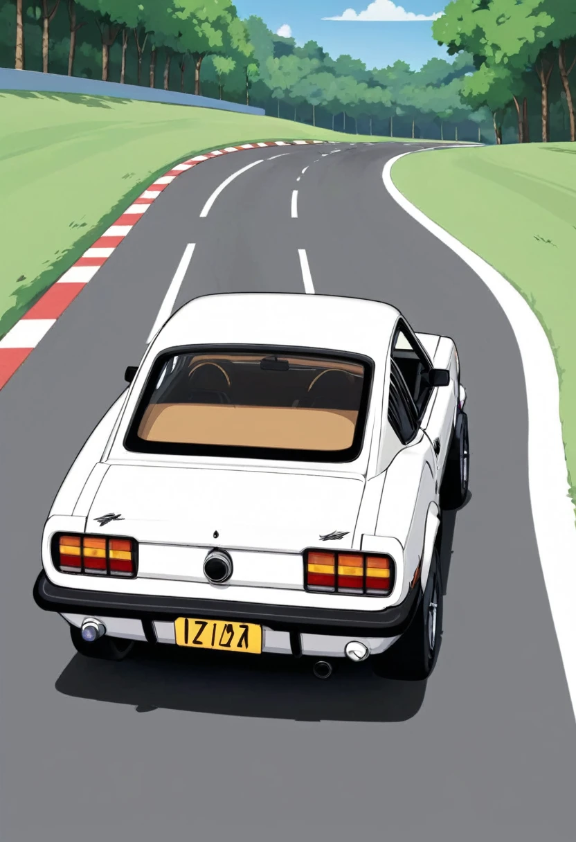 Create a sequence of 6 sprites that show the rear view of a white car, inspired by a classic 1980 Mustang, virando. O fundo de cada sprite deve ser branco. The animation should capture the smooth, progressive motion of the car as it turns
**Specific Details:**
1. **Sprite 1:**
- The car is in the starting position, diretamente de costas, reto na estrada.
- The rear wheels are aligned and there is no indication of a turn.
- O carro deve estar centralizado na imagem.
2. **Sprite 2:**
- The car starts to turn right.
- As rodas dianteiras viram levemente para a direita.
- The car body begins to show a small tilt to the right.
3. **Sprite 3:**
- A curva do carro se acentua mais.
- The front wheels are turned more to the right.
- The rear of the car starts moving to the left, com a frente do carro mais virada para a direita.
4. **Sprite 4:**
- The car is halfway around the curve.
- The rear wheels begin to follow the direction of the front.
- The car body is clearly tilted to the right.
5. **Sprite 5:**
- The car is almost completing the curve.
- The front wheels are almost aligned again, mas ainda ligeiramente viradas para a direita.
- The rear of the car is more to the left, with the front of the car facing the new direction.
6. **Sprite 6:**
- The car has completed the turn and is leaving the screen to the right.
- The front wheels are almost straight, indicando que a curva foi completada.
- The car is tilted to the right, showing the completion of the movement.