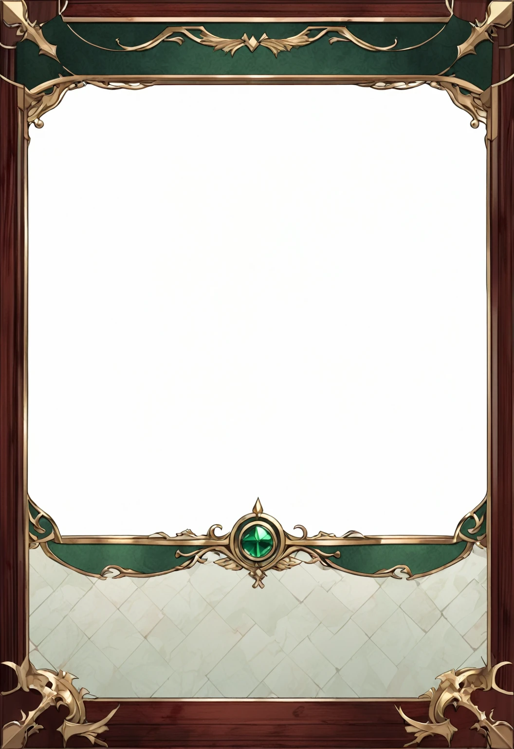 A card border UI,Medieval European aristocracy design,Noble and elegant dark style,Redwood frame,Parchment backing,There are blood stains on it。Deep Red、Emerald Green、Gold main tone。