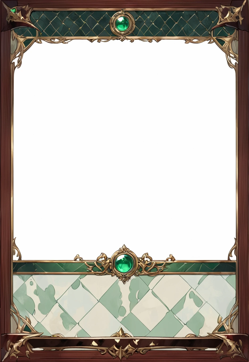 A card border UI，Medieval European aristocracy design，Noble and elegant dark style，Redwood frame，Parchment backing，There are blood stains on it。Deep Red、Emerald Green、Gold main tone。