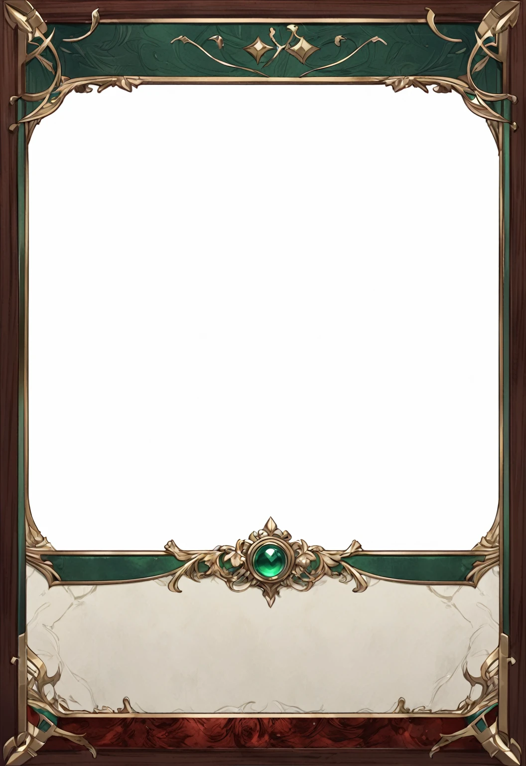 A card border UI，Medieval European aristocracy design，Noble and elegant dark style，Redwood frame，Parchment backing，There are blood stains on it。Deep Red、Emerald Green、Gold main tone。
