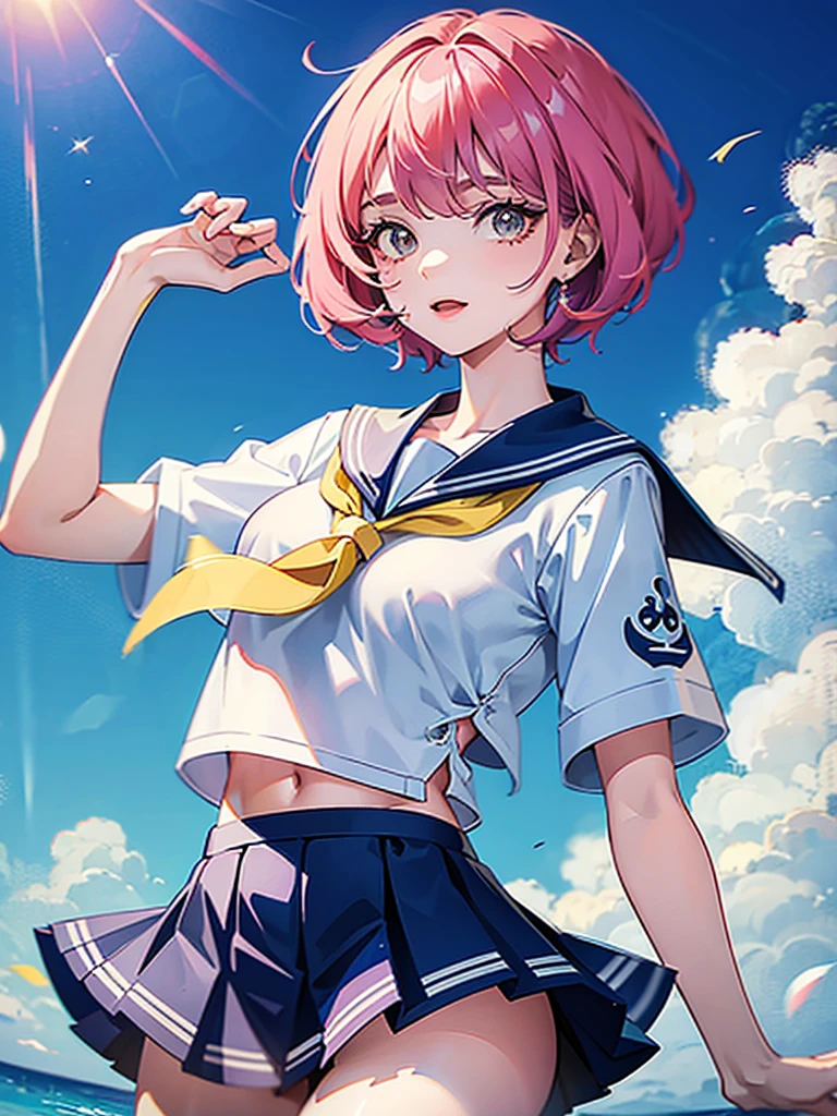 A girl wearing a colorful sailor suit, her upper body is short and her lower breasts are visible, her skirt is short and sexy.