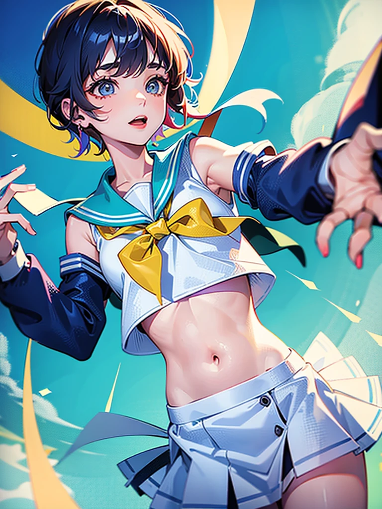 "(perfect masterpiece:1.2), (highest quality:1.2), stunning face, uniform, mature and chubby, Big eyes, compensate, long and luxurious eyelashes, lip whole, irresistible charisma.",Maid clothes,belly button,(((boy))),(((very short hair))),abs,raised his arms,micro swimwear,NSFW,(((muscle))),sailor suit,smile,Are standing,Upper body,front