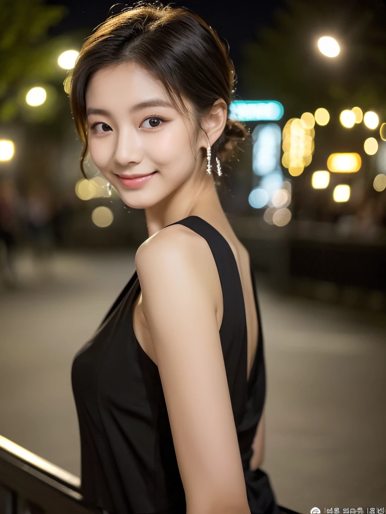 (8K, Raw-Foto, best quality,, masterpiece:1.2),(realistisch, foto realistisch:1.4),(Hochdetailliertes CG Unity 8K-Hintergrundbild),(Rundes Gesicht: 1.5), (detailed student:1.3),Beautiful woman in Wismar at night, whole upper body,pferdeschwanzfrisur, pretty colorful long hanging earrings,(Junge, but very beautiful 22-year-old Korean,Coole Augen, ponytail, short hair, Relaxed smile, elegantes Kleid,Blick nach vorn,Blick in die Kamera,Unvergessliche Augen,The eyes are so beautiful., Altstadt Wismar bei Nacht