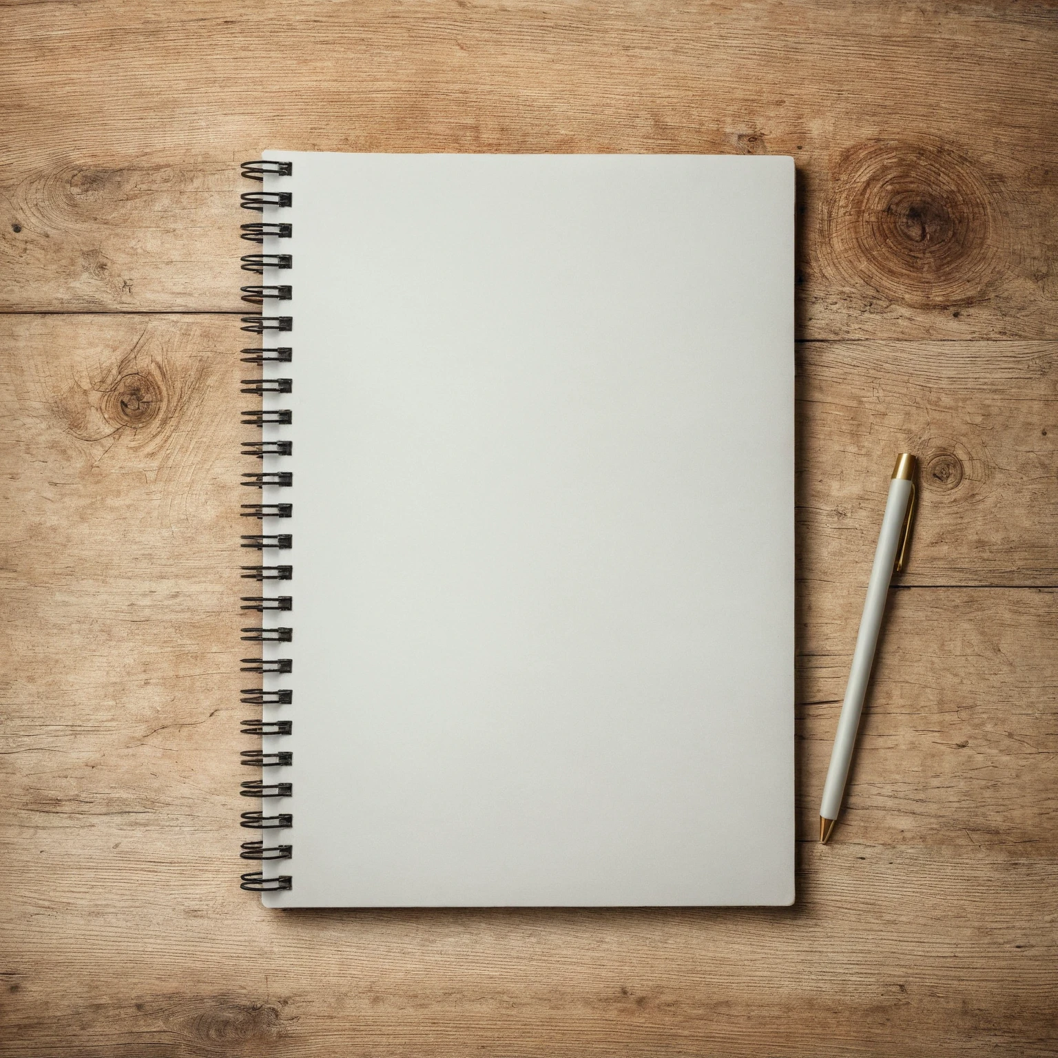 Mockup empty, a blank, white, empty spiral notebook lying on a vintage wooden desk, top view