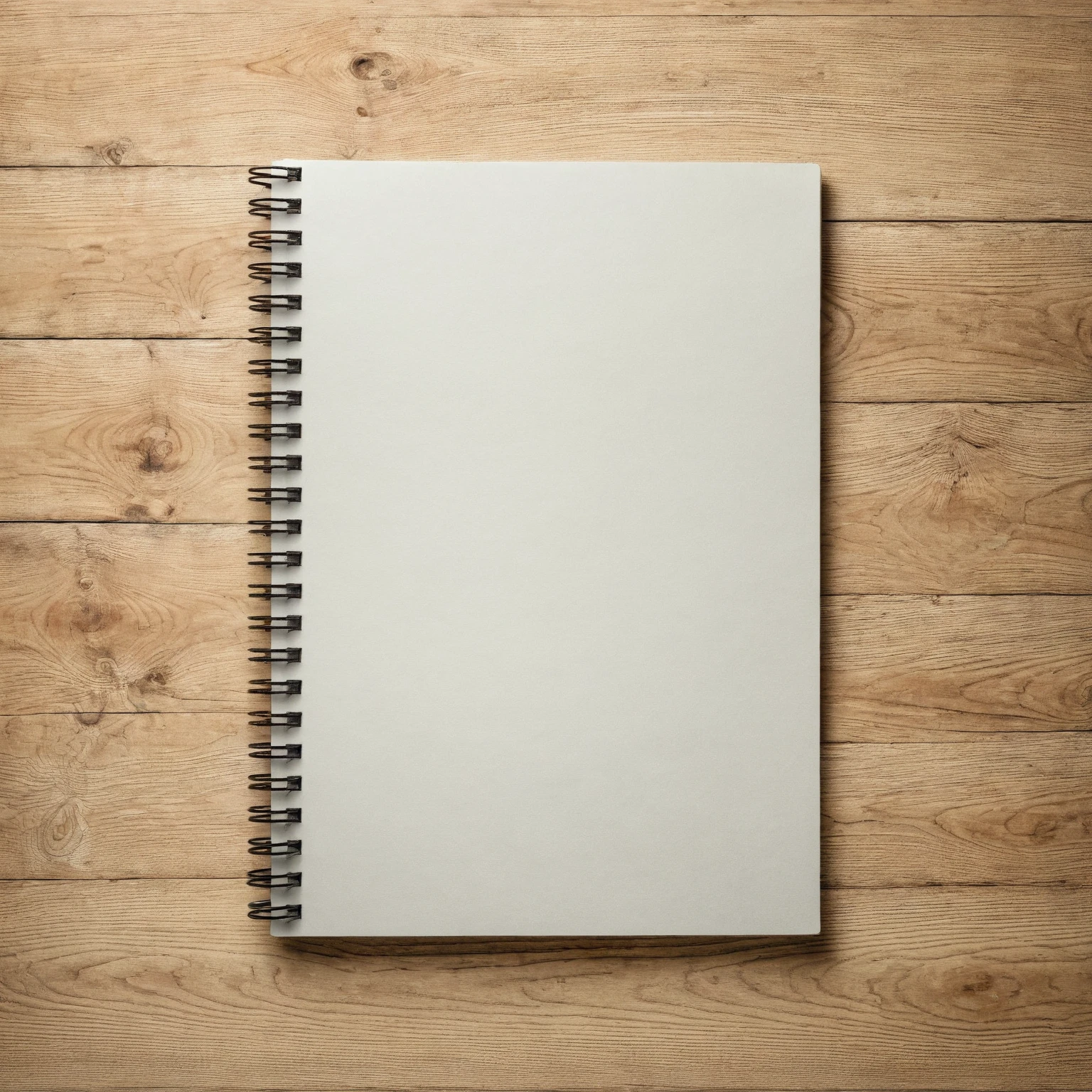 Mockup empty, a blank, white, empty spiral notebook lying on a vintage wooden desk, top view