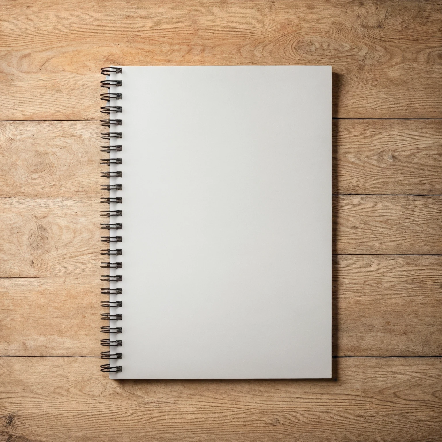 Mockup empty, a blank, white, empty spiral notebook lying on a vintage wooden desk, top view