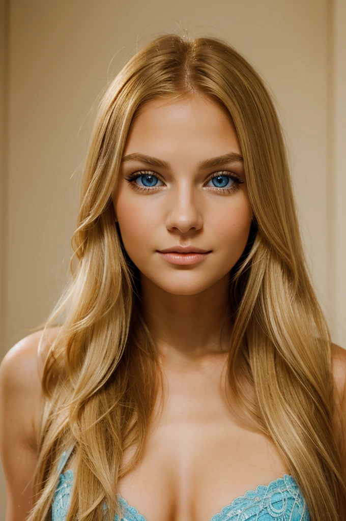 a beautiful young woman with long, straight golden blonde hair, fair skin with a warm undertone, and bright blue eyes with long, thick lashes