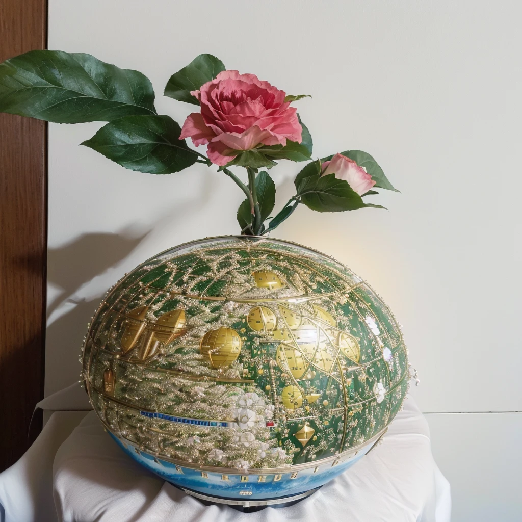 melhor qualidade, Obra de arte, ultra high resolution, (fotorrealista:1.4), Foto CRU, there is a globe with a flower on a table, com o sistema solar in the background, com varias estrelas radiantes e um cometa chegando, globo terrestre no topo, globos, detalhe adicionado, flores crescendo dentro do globo, globo grande, fotografia tirada em 2 0 3 0, fechar retrato, crescendo de uma rosa gigante, foto tirada em 2 0 3 7, em um globo terrestre redondo que orbita a atmosfera entre outros planetas