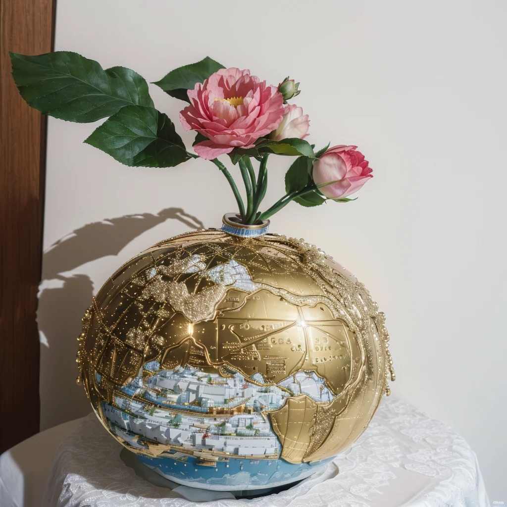 melhor qualidade, Obra de arte, ultra high resolution, (fotorrealista:1.4), Foto CRU, there is a globe with a flower on a table, com o sistema solar in the background, com varias estrelas radiantes e um cometa chegando, globo terrestre no topo, globos, detalhe adicionado, flores crescendo dentro do globo, globo grande, fotografia tirada em 2 0 3 0, fechar retrato, crescendo de uma rosa gigante, foto tirada em 2 0 3 7, em um globo terrestre redondo que orbita a atmosfera entre outros planetas