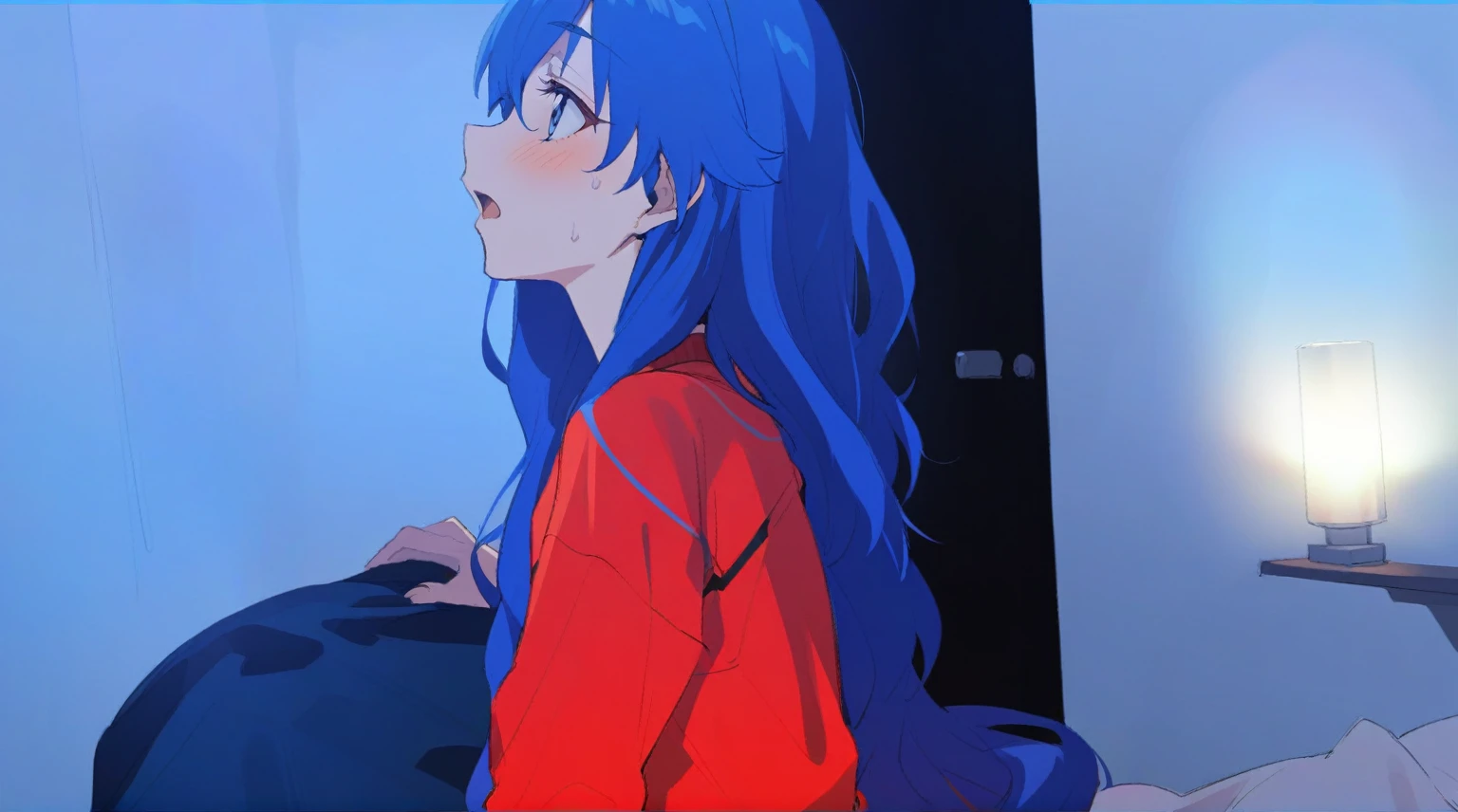 {{{sincos (sincos)}}}, Arafed woman with blue hair and red shirt sits on the bed, very long blue hair, long azure blue hair, very long wavy azure blue hair, beautiful Asuka from Evangelion, flowing blue hair, long blue hair, long flowing blue hair, blue long hair, Dirty blue hair, Asuka from Evangelion, blue and red tones