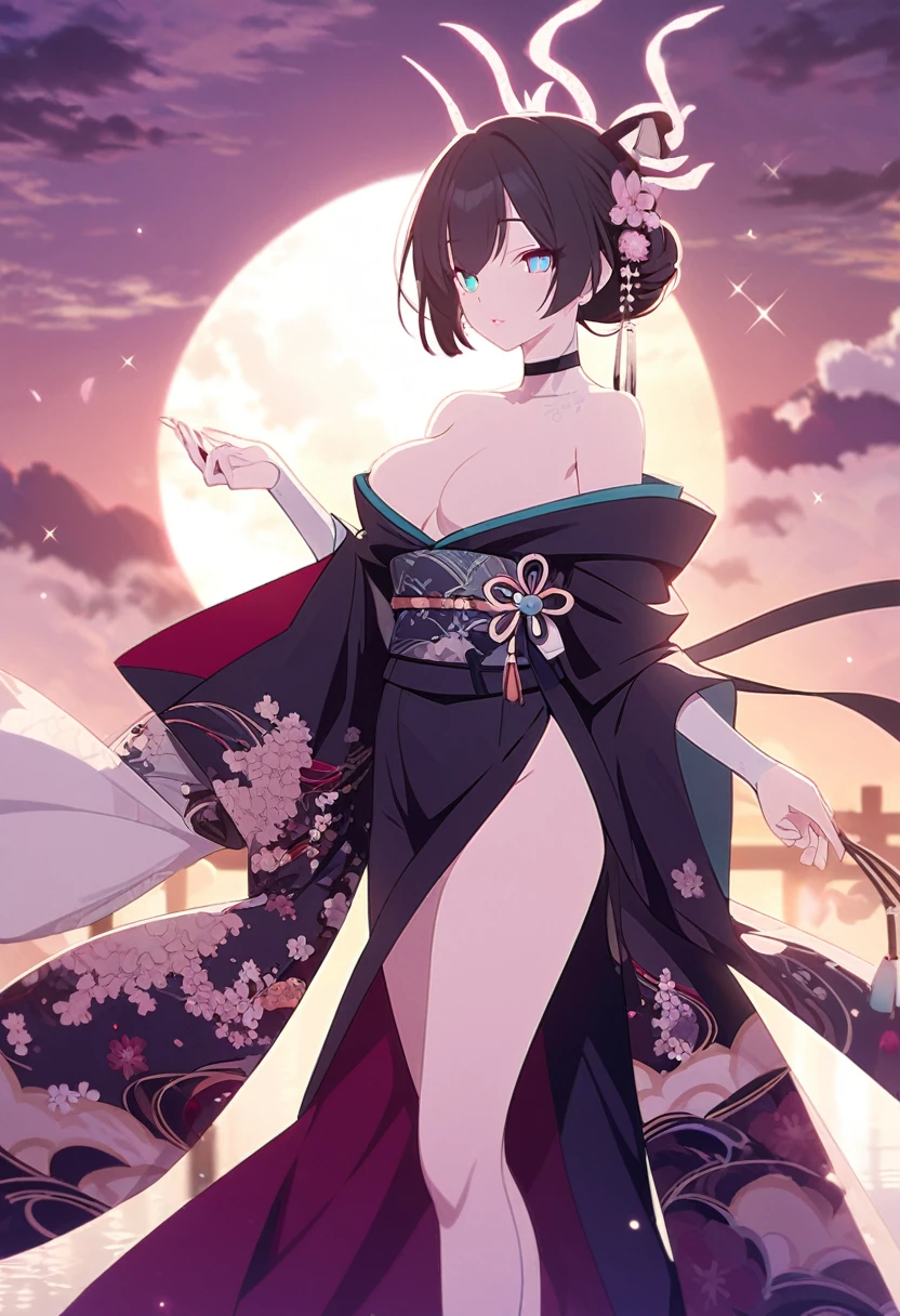 A breathtakingly beautiful anime girl with long, flowing raven-black hair that cascades down past her waist. Her almond-shaped eyes, a vivid shade of turquoise, sparkle with an ethereal glow, capturing the viewer's attention instantly. Her delicate, porcelain skin is flawless and glistening, contrasting beautifully against the deep red of her full, luscious lips. She has an hourglass figure, accentuated by a modest bust line and curvy hips. She is dressed in a traditional Japanese kimono, its intricate design of cherry blossoms and dragons expertly woven into the silk fabric. The kimono is left open at the neck, revealing a pale pink obi sash tied around her waist, and a black choker adorning her neck. Around her slender wrists are delicate, pale pink arm warmers. Her attire is completed by traditional white socks and black sandals. Against a backdrop of a serene, cloud-filled sky and a stunning sunset, the anime girl stands with her head held high, exuding confidence and grace. The image is a testament to the impeccable beauty and timeless allure of traditional Japanese art and fashion.