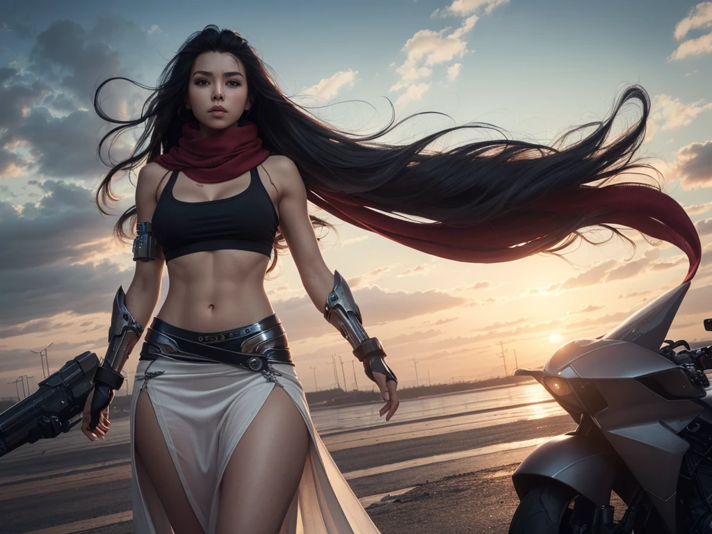 rule-of-thirds shot, skinny female cyborg, confidence, futuristic aerodynamic heavy mechanical arm, unreal engine, (extremely long voluminous hair :1.7), ((long scarf), crop tank, low-rise maxi skirts, confident pose, (strong wind)