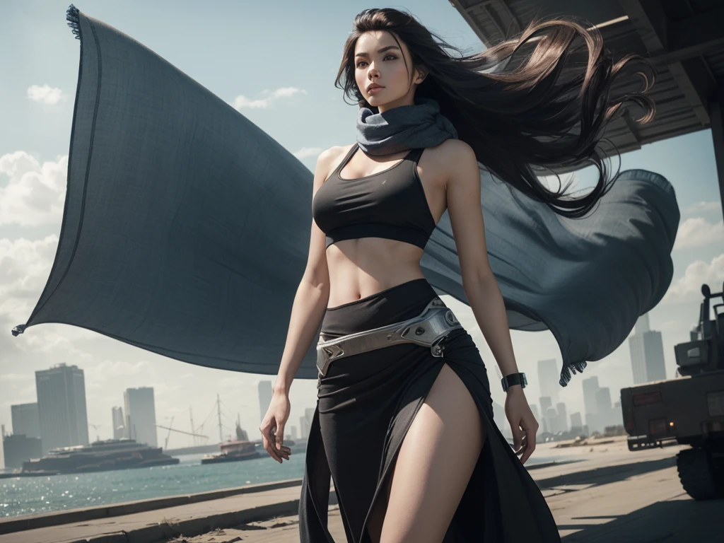 (1 skinny female cyborg), confidence, futuristic aerodynamic heavy mechanical arm, unreal engine, (extremely long voluminous hair :1.6), ((long scarf)), crop tank, low-rise maxi skirts, (strong directional wind), old abandoned ruins