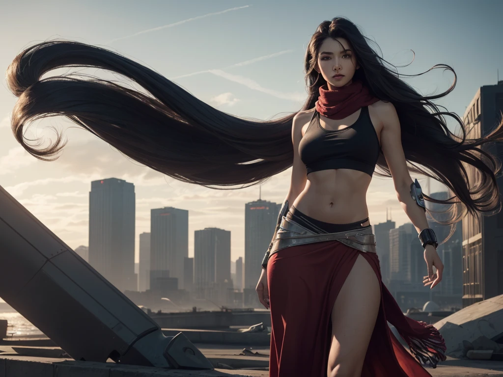 rule-of-thirds shot, skinny female cyborg, confidence, futuristic aerodynamic heavy mechanical arm, unreal engine, (extremely long voluminous hair :1.7), ((long scarf), crop tank, low-rise maxi skirts, confident pose, (strong wind), post-apocaliptic city on the horizon, late afternoon