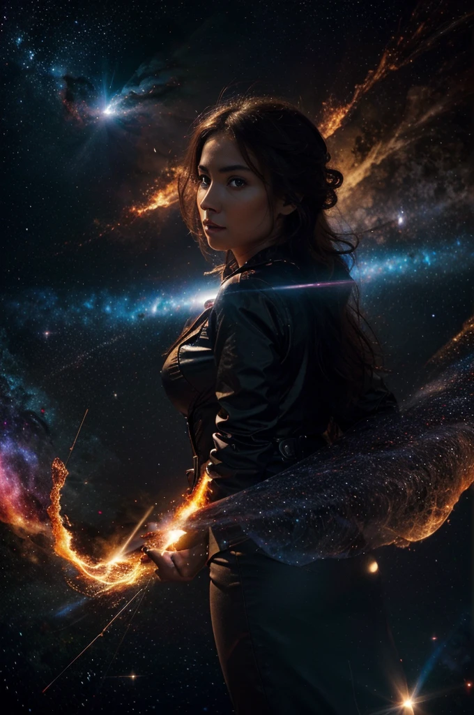 A spectacularly igniting supernova shines brightly amidst the darkness of space, captivatingly watched by an enigmatic woman. The explosion of colors and light creates a mesmerizing display in the image, which is most likely a breathtaking digital artwork. The vivid explosion painted in vivid shades of crimson, gold, and electric blue, beautifully contrasts against the woman's shadowed figure, adding a sense of mystery and wonder to the scene. The clarity and detail in this visually stunning composition bring the celestial event to life, leaving viewers in awe of its beauty and power.