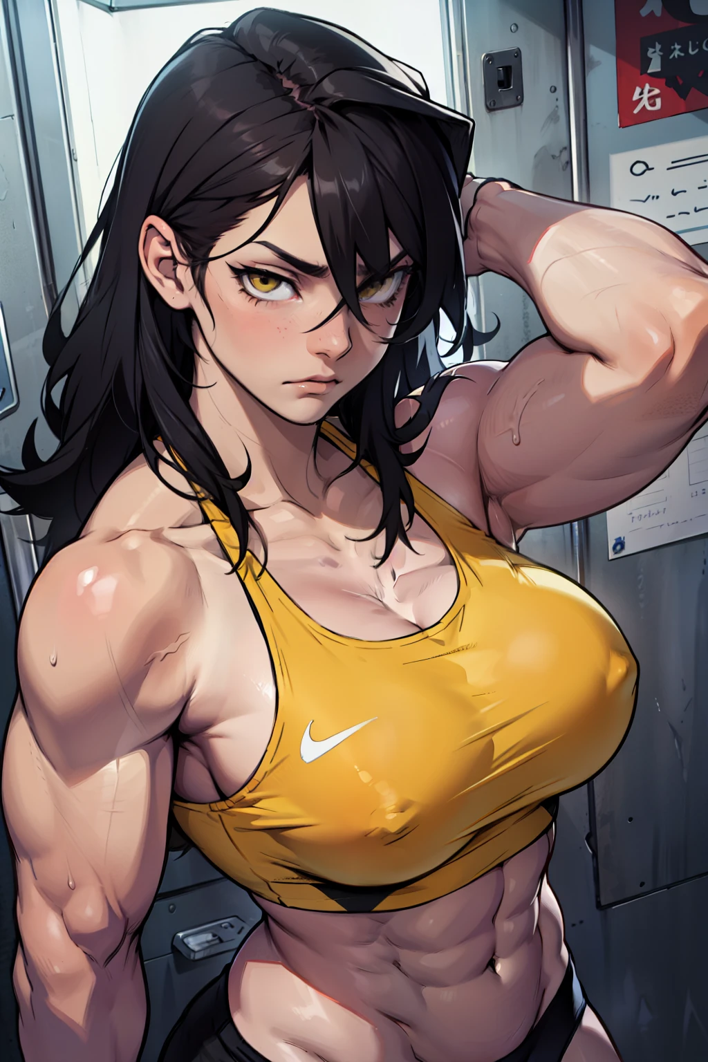 muscular girl perky breasts thick thick thick thick thick black hair yellow eyes pale skin expressionless sad