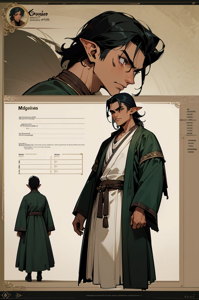 He is an adult indigenous man with Mexican features, and sun-kissed brown skin. His short black hair contrasts with his intense, expressive dark eyes. High, well-defined cheekbones complement his sharply contoured face. His pointed ears add a unique and distinctive detail to his appearance. He exudes a strong, serene presence, deeply connected to his cultural roots, Full body, master piece, character sheet, character sheet, character sheet.