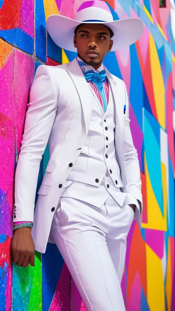 The image shows a person wearing a white suit and hat, positioned in an urban environment with colorful walls and decorative tiles. The individual appears to be in a performative or photographic pose, suggesting a possible connection to art or entertainment. The space is vibrant, with a mix of colors and textures that create a visually interesting and appealing setting