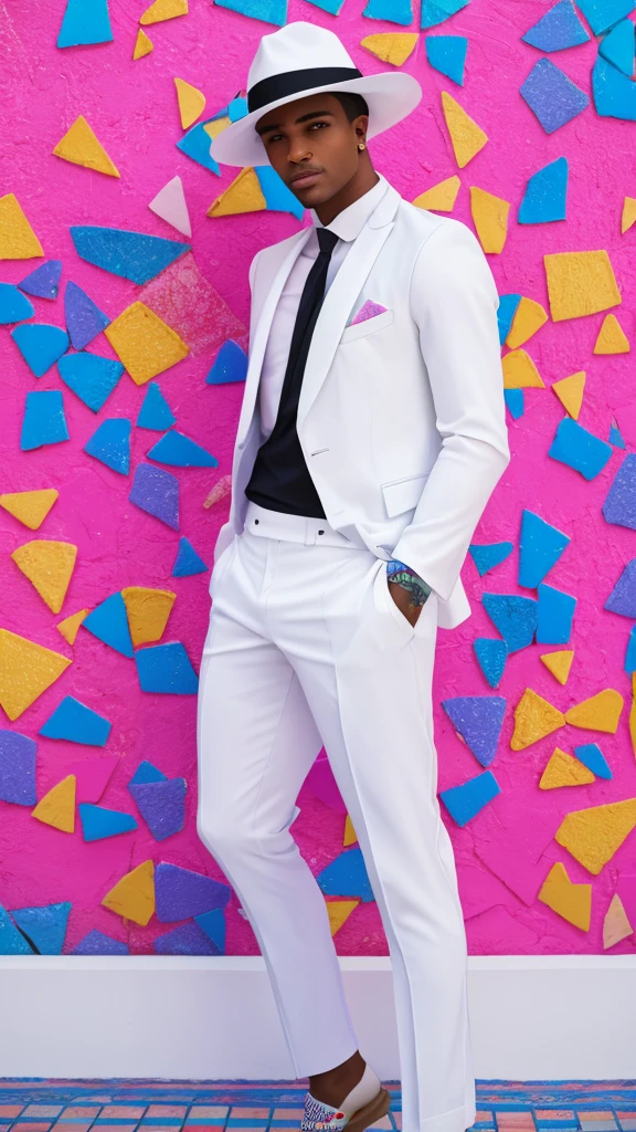The image shows a person wearing a white suit and hat, positioned in an urban environment with colorful walls and decorative tiles. The individual appears to be in a performative or photographic pose, suggesting a possible connection to art or entertainment. The space is vibrant, with a mix of colors and textures that create a visually interesting and appealing setting