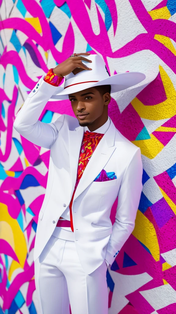 The image shows a person wearing a white suit and hat, positioned in an urban environment with colorful walls and decorative tiles. The individual appears to be in a performative or photographic pose, suggesting a possible connection to art or entertainment. The space is vibrant, with a mix of colors and textures that create a visually interesting and appealing setting