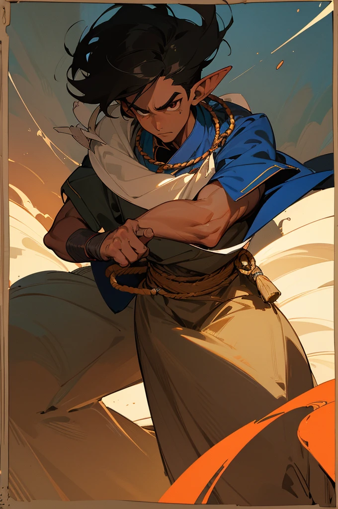 He is an adult indigenous man with Mexican features, and sun-kissed brown skin. His short black hair contrasts with his intense, expressive dark eyes. High, well-defined cheekbones complement his sharply contoured face. His pointed ears add a unique and distinctive detail to his appearance. He exudes a strong, serene presence, deeply connected to his cultural roots, Full body, master piece, character sheet, character sheet, character sheet.