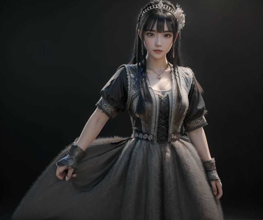 a mongolian princess girl,bangs black hair,standing,looking at to viewer,(Very Detailed: 1.3),ultra realistic,HDR,(High Dynamic Range),ray tracing,nvidia RTX,super resolution,unreal 5,subsurface scattering,PBR texture,post-processing,anisotropic filtering,depth of field,maximum sharpness and sharpness,multi-layer texture,specular and albedo mapping,surface shading,perfect proportions,extremely detailed background,octane rendering,duotone lighting,low ISO,white balance,8K RAW,high efficiency subpixels,subpixel convolution,Tyndall effect,(((1GIRL))),(((wearing black princess dress))),(((sexy pose))),(((gray background))),masterpiece,best quality