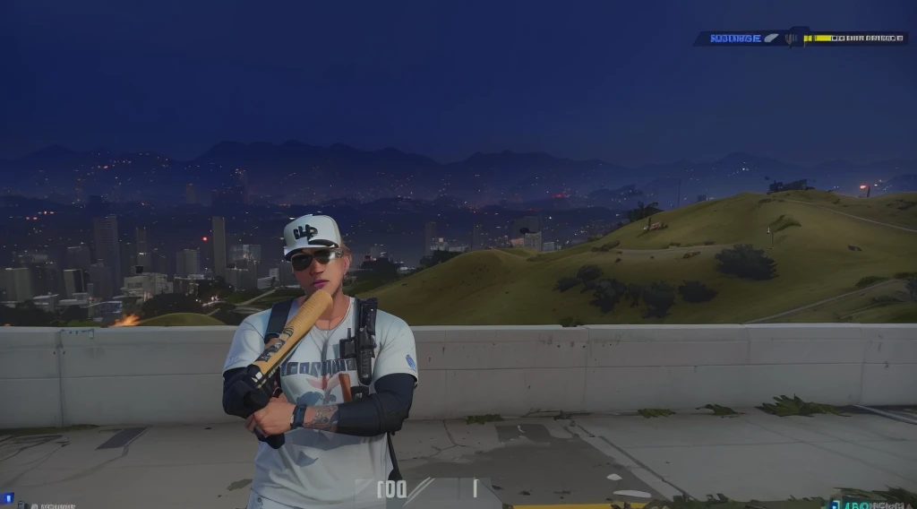 there is a man with a baseball bat and sunglasses on, in game graphic, in-game, in - game, in game, style of gta v, 2020 video game screenshot, as a character from gtav, in game capture 3d render, gta character, in - game footage, in-game footage, ariana grande in gta v, videogame still