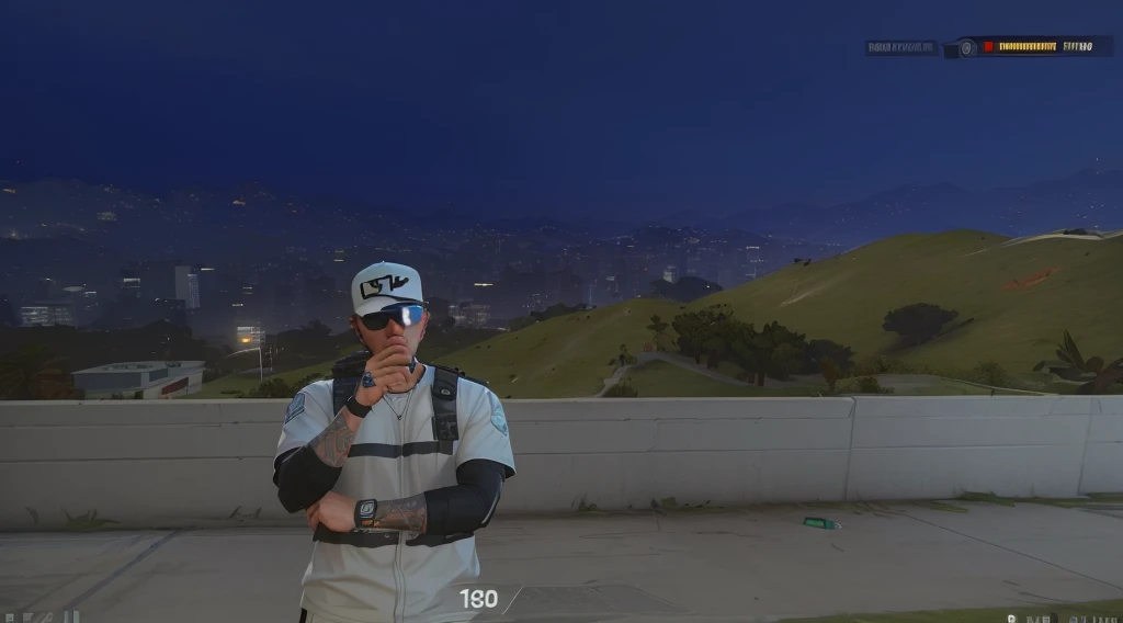 there is a man with a baseball bat and sunglasses on, in game graphic, in-game, in - game, in game, style of gta v, 2020 video game screenshot, as a character from gtav, in game capture 3d render, gta character, in - game footage, in-game footage, ariana grande in gta v, videogame still