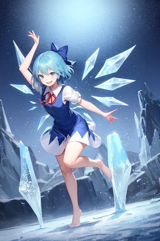 1girl, Touhou, Cirno, blue eyes, Blue hair, smiling expresion, playful, cute, dancing, ice land background, frozen frogs, full body, wide shot