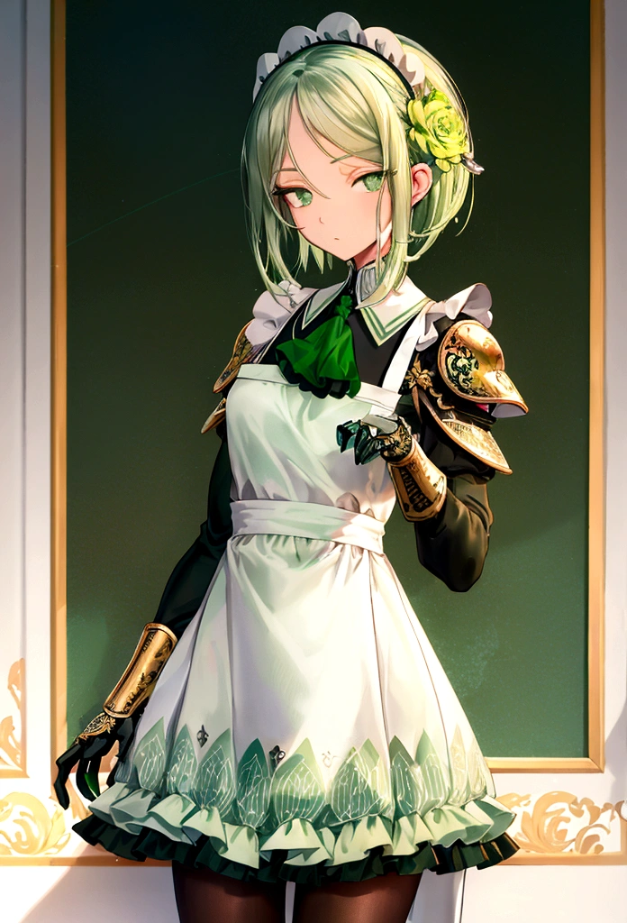 genshinnoelle, noelle, braid, flower, hair flower, hair ornament, short hair, silver hair, (green eyes:1.5),
BREAK apron, armor, ascot, black pantyhose, black skirt, dress, gauntlets, gold trim, headdress, long sleeves, maid, maid apron, maid headdress, pantyhose, pauldrons, shoulder armor, skirt, strap,
BREAK indoors, laboratory,
BREAK looking at viewer, (cowboy shot:1.5),
BREAK (masterpiece:1.2), best quality, high resolution, unity 8k wallpaper, (illustration:0.8), (beautiful detailed eyes:1.6), extremely detailed face, perfect lighting, extremely detailed CG, (perfect hands, perfect anatomy),