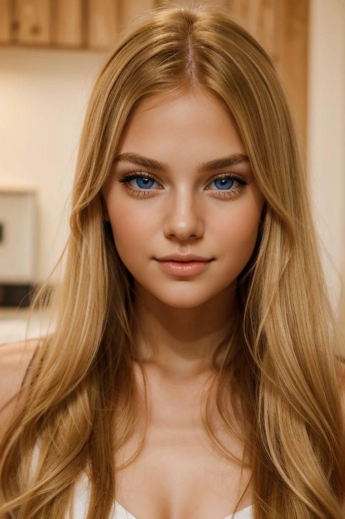 a beautiful young woman with long, straight golden blonde hair, fair skin with a warm undertone, rosy lips, and bright blue eyes with long, thick lashes