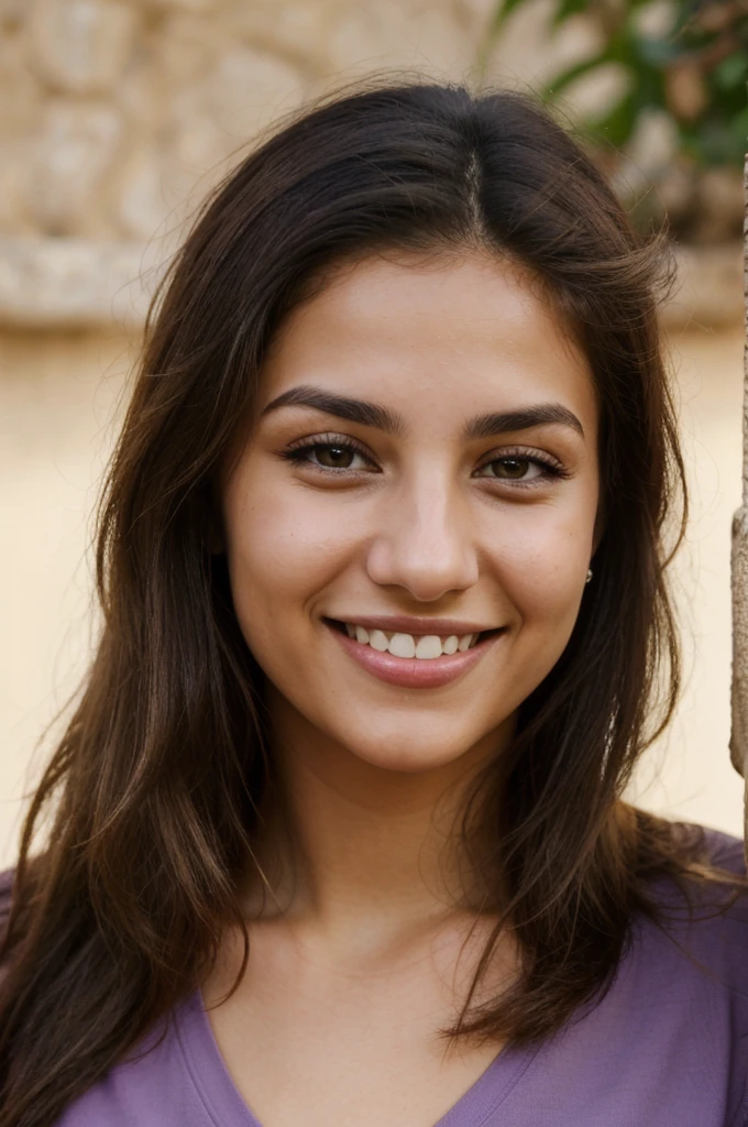 24YO,one attractive Jordanian women, purple shirt, cute smile, cute face, white teethes, skinny face, light brown eyes, small nose, black/blonde long hair