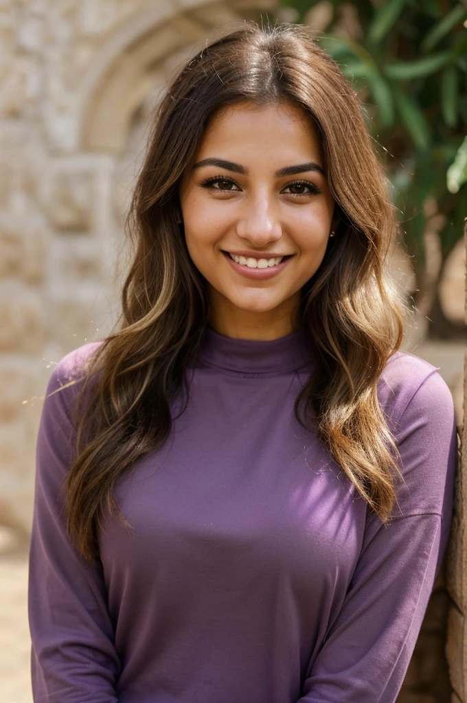 24YO,one attractive Jordanian women, purple shirt, cute smile, cute face, white teethes, skinny face, light brown eyes, small nose, black/blonde long hair