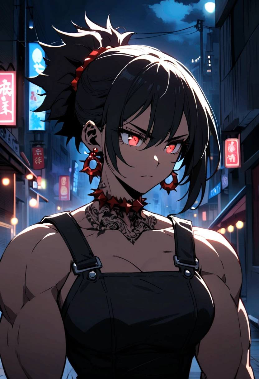 an anime-style character with a muscular and defined torso. The character has a distinctive hairstyle with spiky black hair with red highlights, and light red eyes that give off an intense and focused expression. You can see them on her face and shoulders. She wears small black earrings and tattoos on her neck. The background features a nighttime urban environment with out-of-focus lights, suggesting a city atmosphere. The overall mood of the image is dark and dramatic.