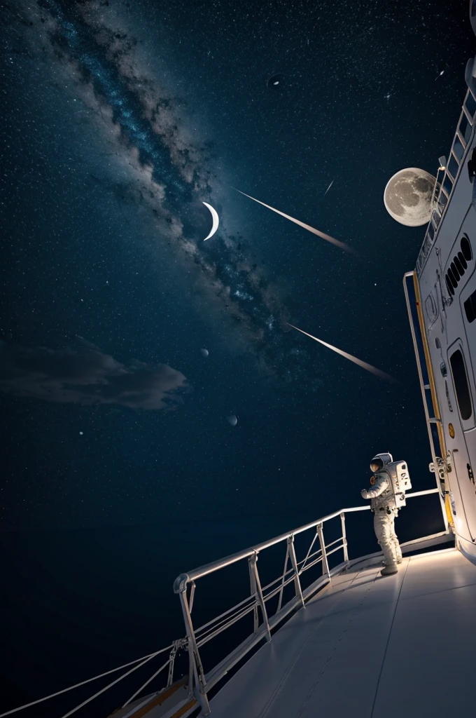Un astronauta observando la luna desde su nave, realista 3d
