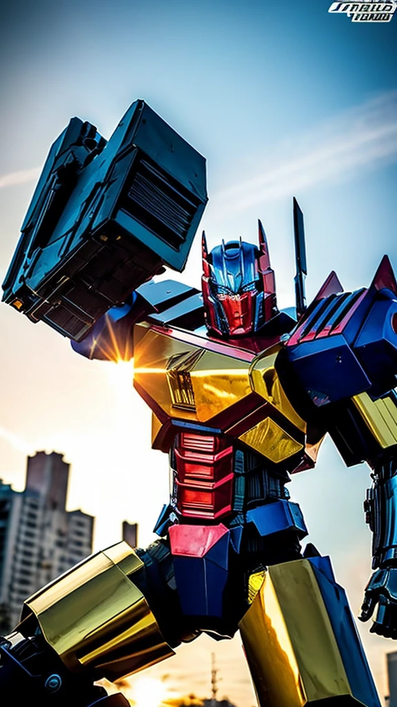 "Un impresionante fondo de pantalla en 4K de Optimus Prime, the leader of the Autobots, en una postura heroica. The image should highlight the metallic and shiny details of your armor, con luces y sombras que resalten su figura imponente. El fondo puede ser una escena futurista o un paisaje urbano en ruinas, con colores vibrantes y contrastes fuertes para hacer que Optimus Prime se destaque como el protector de la humanidad."