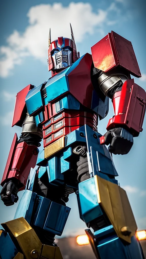 "Un impresionante fondo de pantalla en 4K de Optimus Prime, the leader of the Autobots, en una postura heroica. The image should highlight the metallic and shiny details of your armor, con luces y sombras que resalten su figura imponente. El fondo puede ser una escena futurista o un paisaje urbano en ruinas, con colores vibrantes y contrastes fuertes para hacer que Optimus Prime se destaque como el protector de la humanidad."