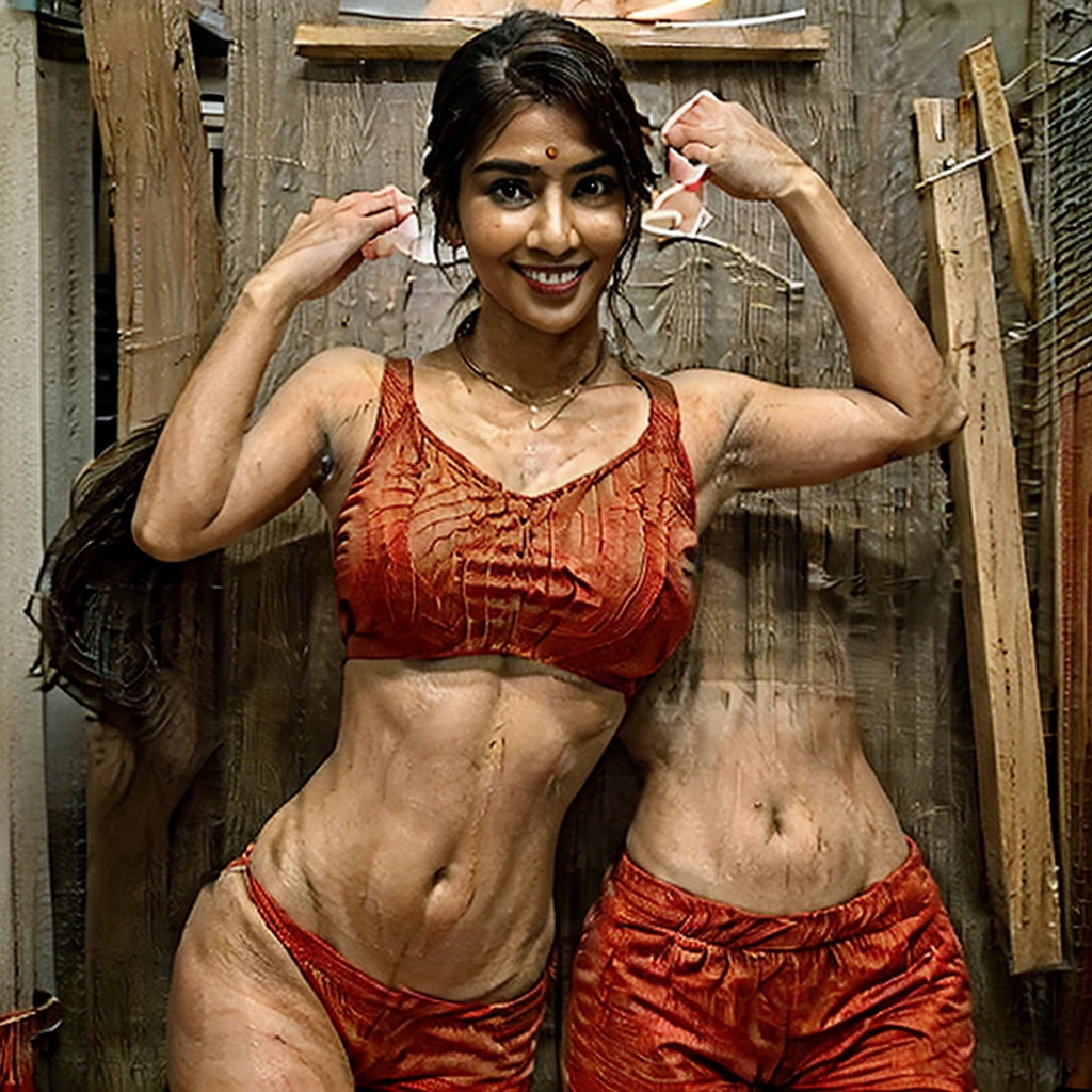 Super hot and sexy indian babe in red sports bra revealing underboob by lifting hands above head. Wet underarms and shapely navel visible. Black hotpant reveals lovely thighs. Looking seductively at camera with naughty smile