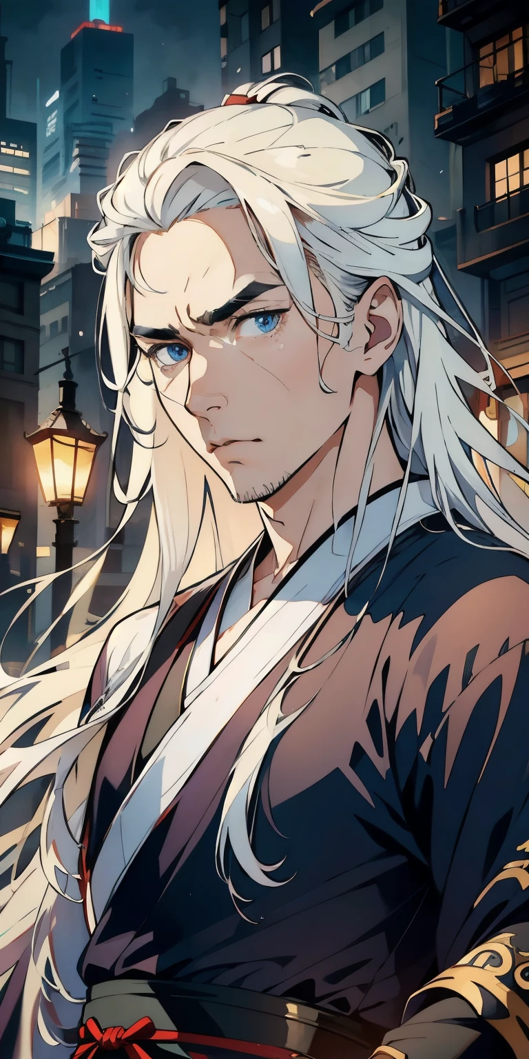 A 25-year-old man，Nice blue eyes，White long hair，Serious，Raise an eyebrow， (Hanfu), sidelighting, Stars, Cityscape, Armageddon，Masterpiece of the best quality，8K，intensely detailed，hight quality，high resolution