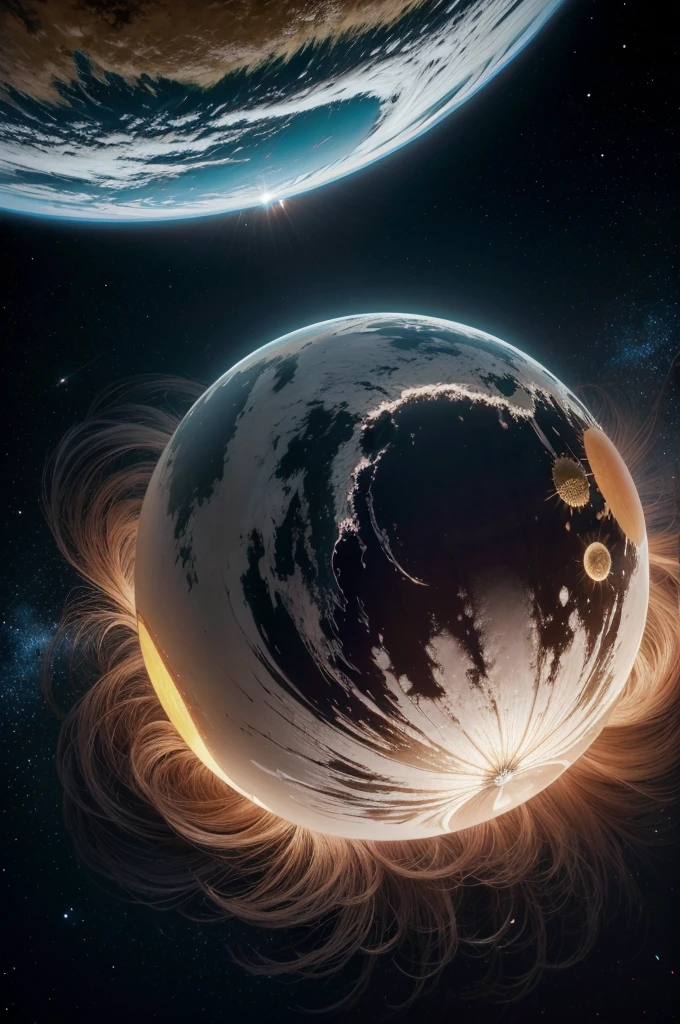 melhor qualidade, Obra de arte, ultra high resolution, (fotorrealista:1.4), Foto CRU, there is a globe with a flower on a table, com o sistema solar in the background, com varias estrelas radiantes e um cometa chegando, globo terrestre no topo, globos, detalhe adicionado, flores crescendo dentro do globo, globo grande, fotografia tirada em 2 0 3 0, fechar retrato, crescendo de uma rosa gigante, foto tirada em 2 0 3 7, em um globo terrestre redondo que orbita a atmosfera entre outros planetas