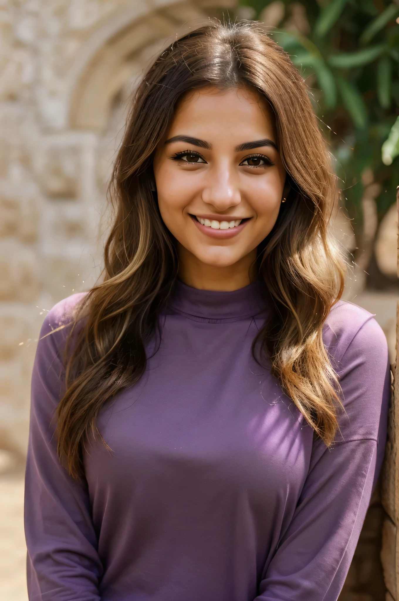 24YO,one attractive Jordanian women, purple shirt, cute smile, cute face, white teethes, skinny face, light brown eyes, small nose, black/blonde long hair