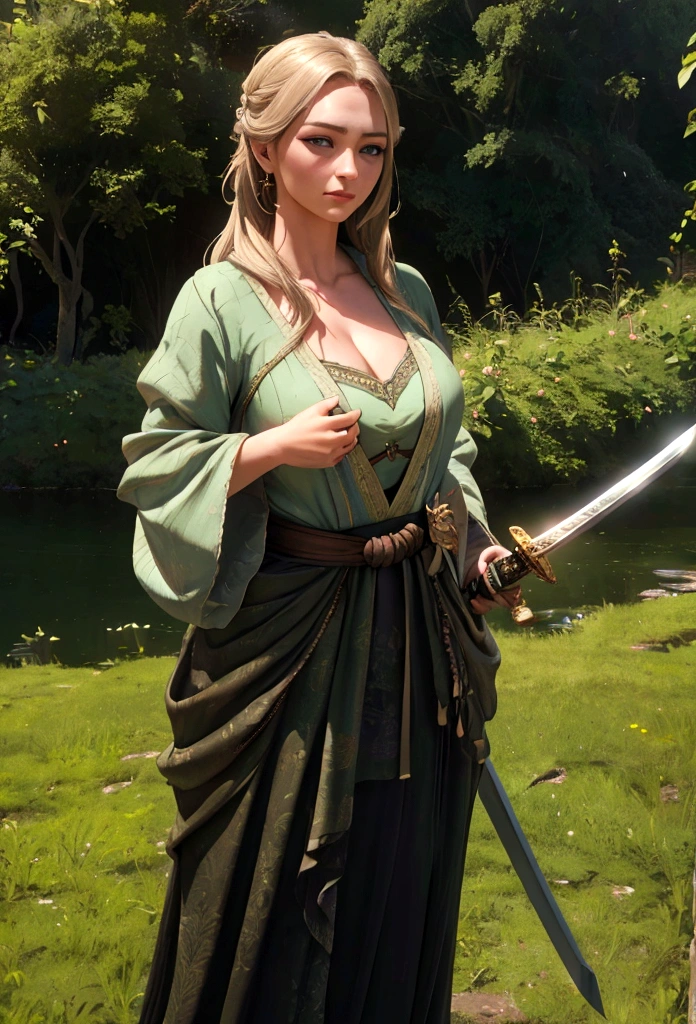 a woman holding a sword in her hand, a dove sitting on her hand, lush green landscape, highly symmetrical, (best quality,4k,8k,highres,masterpiece:1.2),ultra-detailed,(realistic,photorealistic,photo-realistic:1.37),detailed face and eyes, elegant pose, peaceful expression, dramatic lighting, serene atmosphere, natural setting, cinematic composition