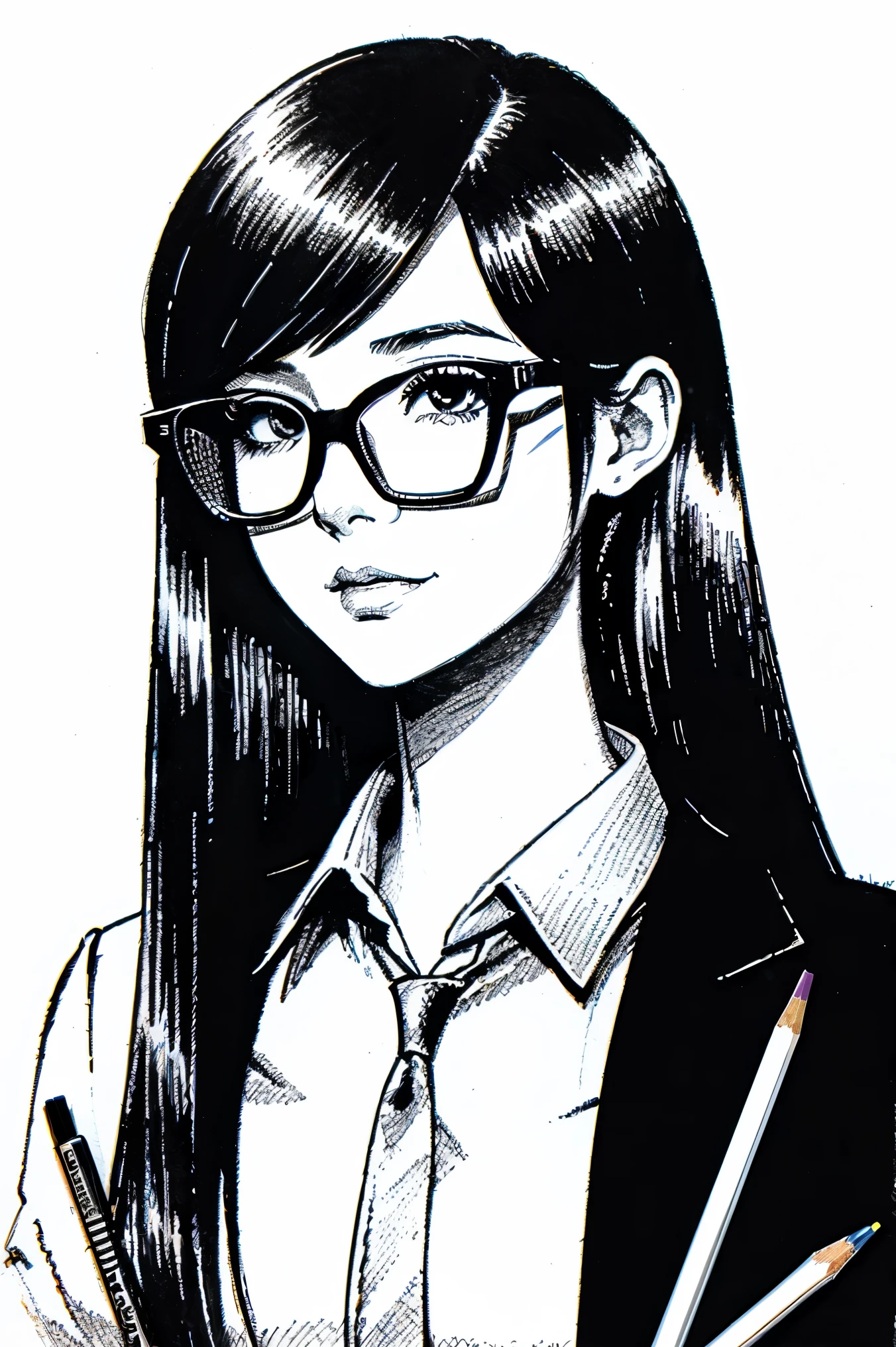 pencil drawing、Dramatic style、cartoon、Masterpiece、top-quality、best composition、ultra-detailliert, glasses, woman, black hair