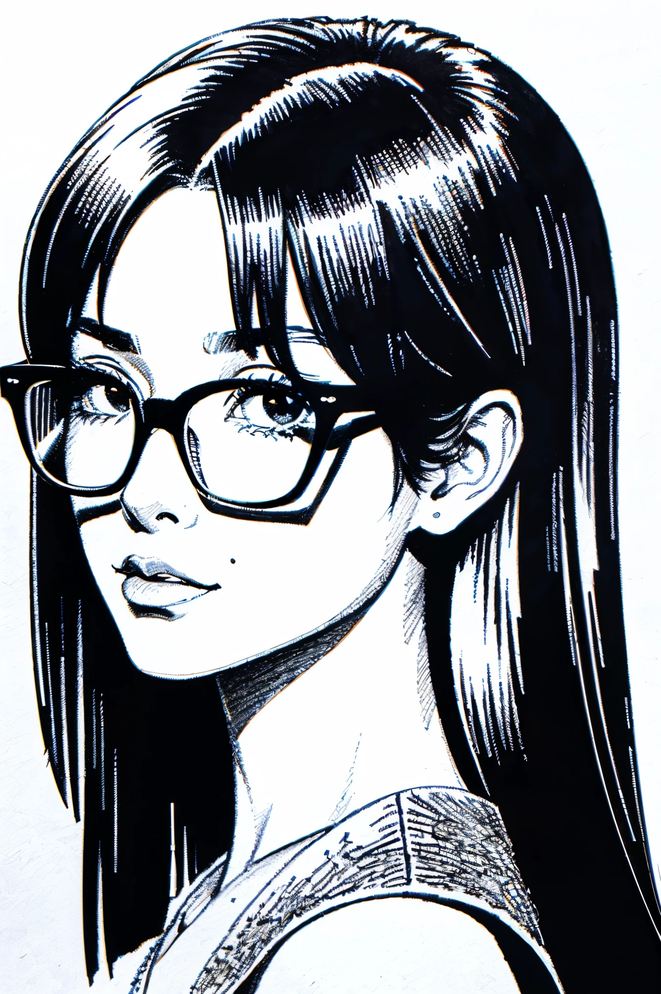 pencil drawing、Dramatic style、cartoon、Masterpiece、top-quality、best composition、ultra-detailliert, glasses, woman, black hair