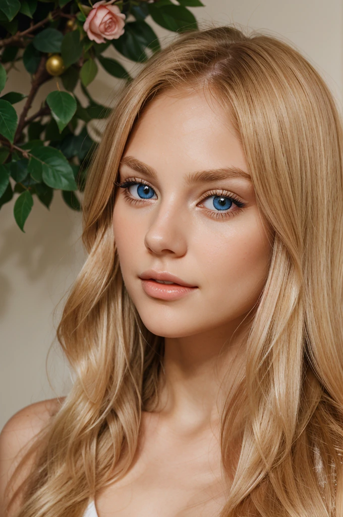 a beautiful young woman with long, straight golden blonde hair, fair skin with a warm undertone, rosy pink lips, and bright blue eyes with long, thick lashes
