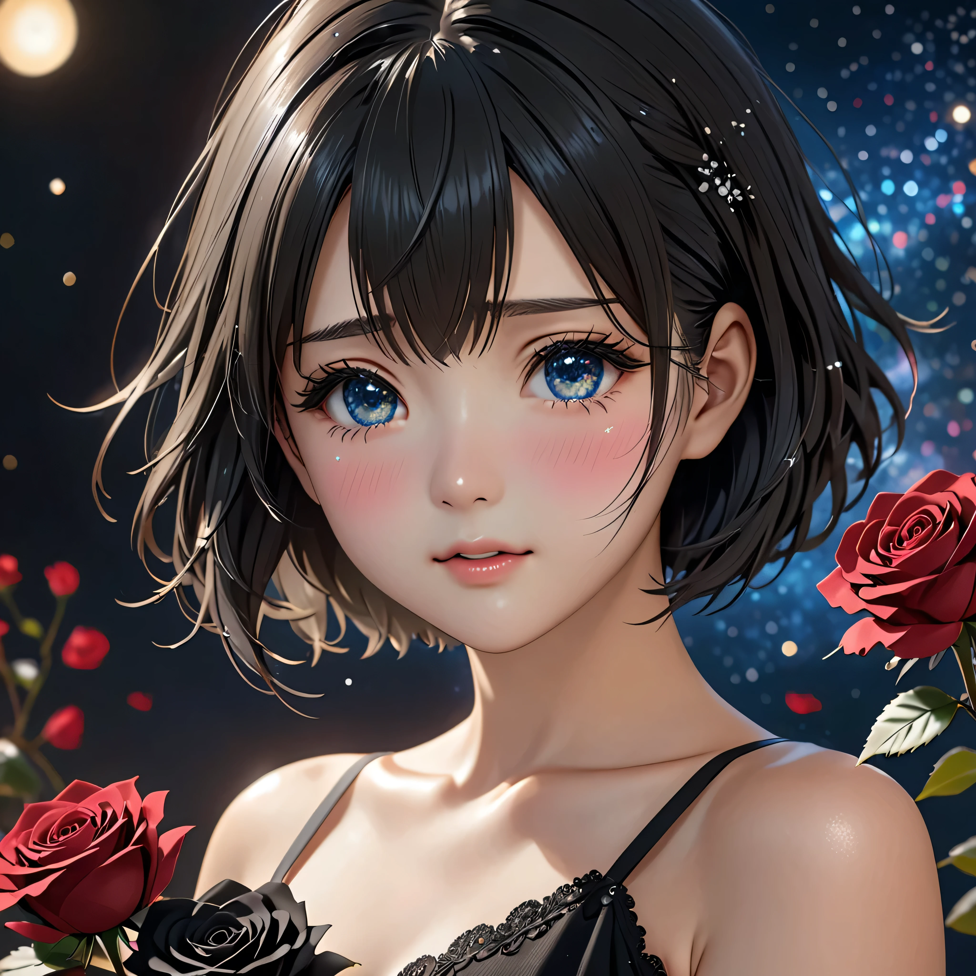 National Science Foundation,masterpiece,High resolution,8K,Art,digit,Three-dimensional,Realism,Kyoto Animation Style,your name movie style,cute,baby face,look into camera,Complex black roses background,(1 female: 1.3),(alone: 1.4),(Upper body nudity),,Hand holding bouquet of black roses,Long eyelashes,Long thin legs,Short Bob,Close-up of upper body,Close-up,Close up,Starry sky at night,Eyes as deep as the starry sky,blush,shy,cry,(Tears)
