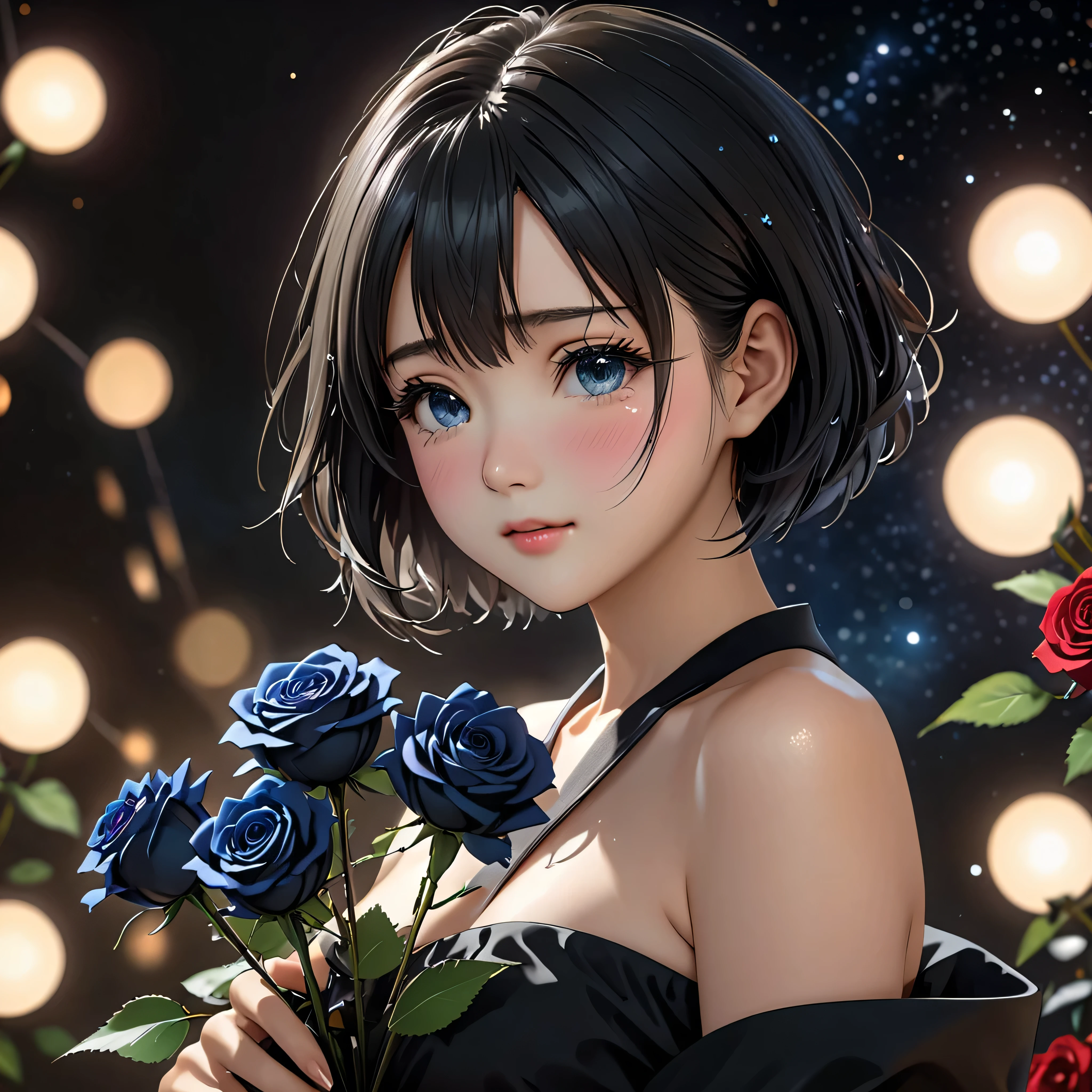 National Science Foundation,masterpiece,High resolution,8K,Art,digit,Three-dimensional,Realism,Kyoto Animation Style,your name movie style,cute,baby face,look into camera,Complex black roses background,(1 female: 1.3),(alone: 1.4),(Upper body nudity),,Hand holding bouquet of black roses,Long eyelashes,Long thin legs,Short Bob,Close-up of upper body,Close-up,Close up,Starry sky at night,Eyes as deep as the starry sky,blush,shy,cry,(Tears)